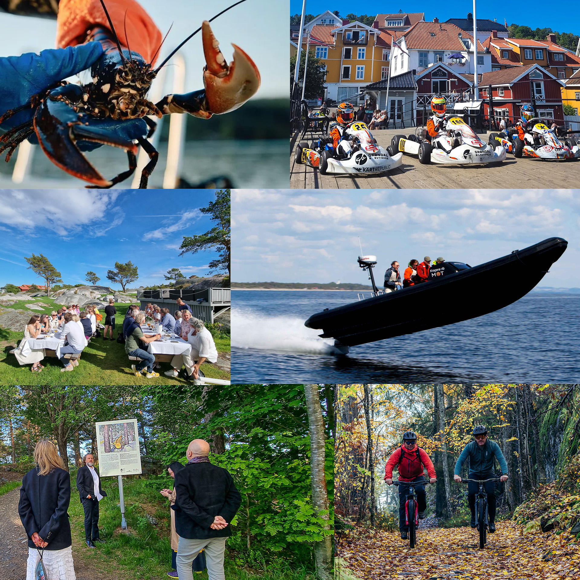 Eksempler på div event aktiviteter i Kragerø, rib, gokart, hummersafari, vandring, stisykling