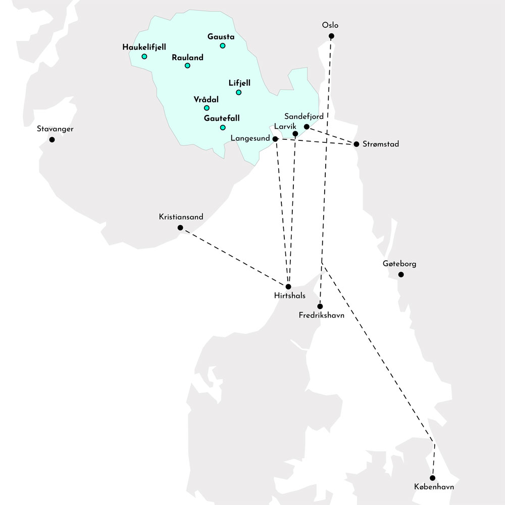 kart over Telemark med fergeforbindelser fra Danmark og Sverige