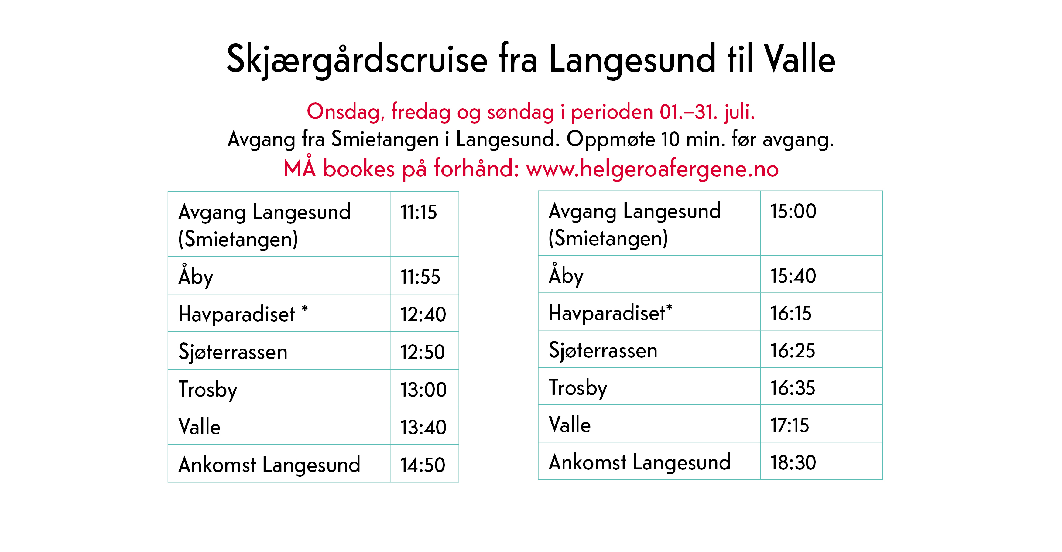 rutetider Skjærgårdscruise fra Langesund til Valle