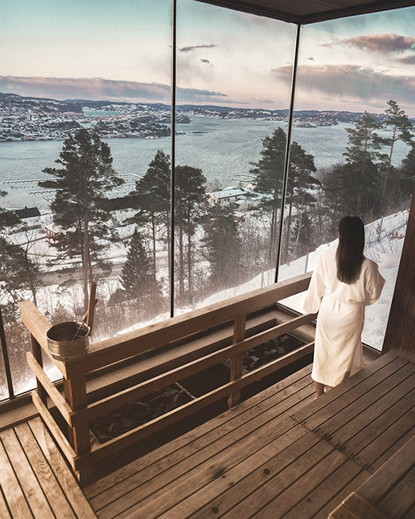 utsikt fra badstue på Kragerø Resort om vinteren