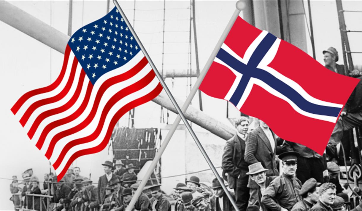 bilde av mennesker på en skip med norsk og amerikansk flag