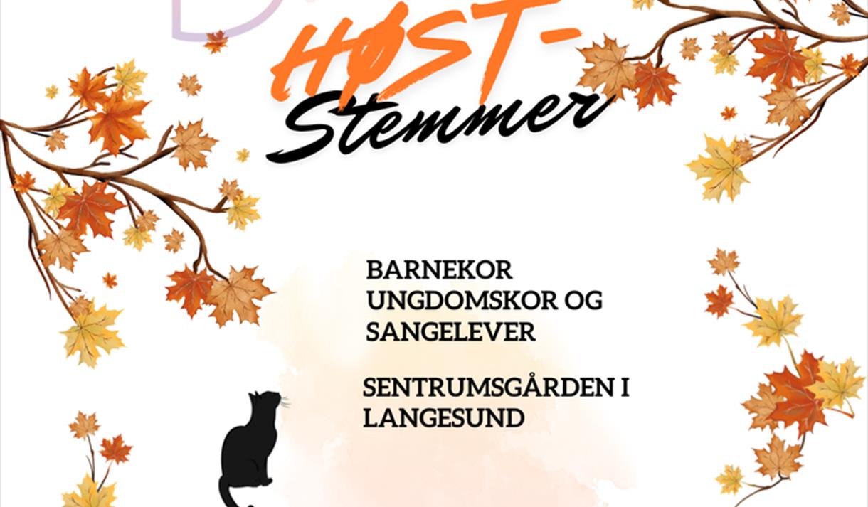 hvit plakat med oransje farger på blader og og tekst. sort katt