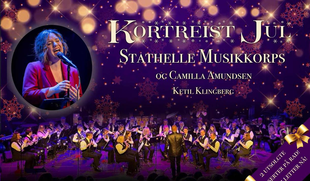 bilde med lilla farger, mennesker med blåseinstrumenter , dame i rødt som synger