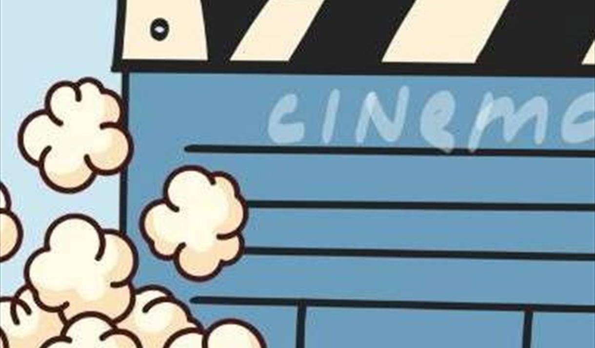 plakat m popcorn og tegning i blått og hvitt