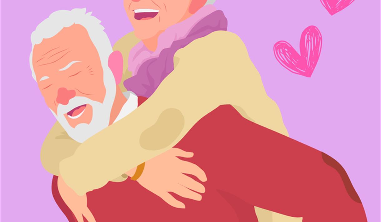 rosa plakat med mann med hvitt hår og skjegg med dame på ryggen