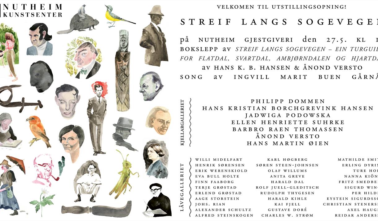 Utstillingsplakat "Streif langs Sogevegen" med mange tegnefigurer