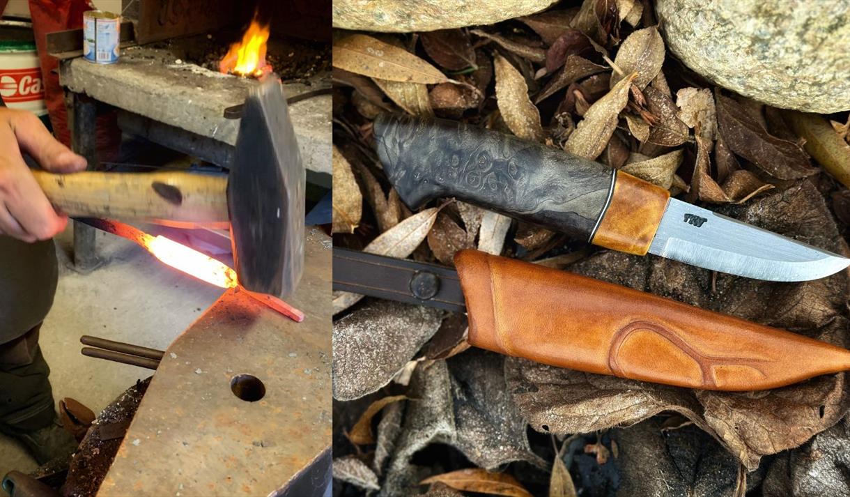 Montasje smiing av knivblad og eksempel på brukskniv, Vest-Telemark museum.