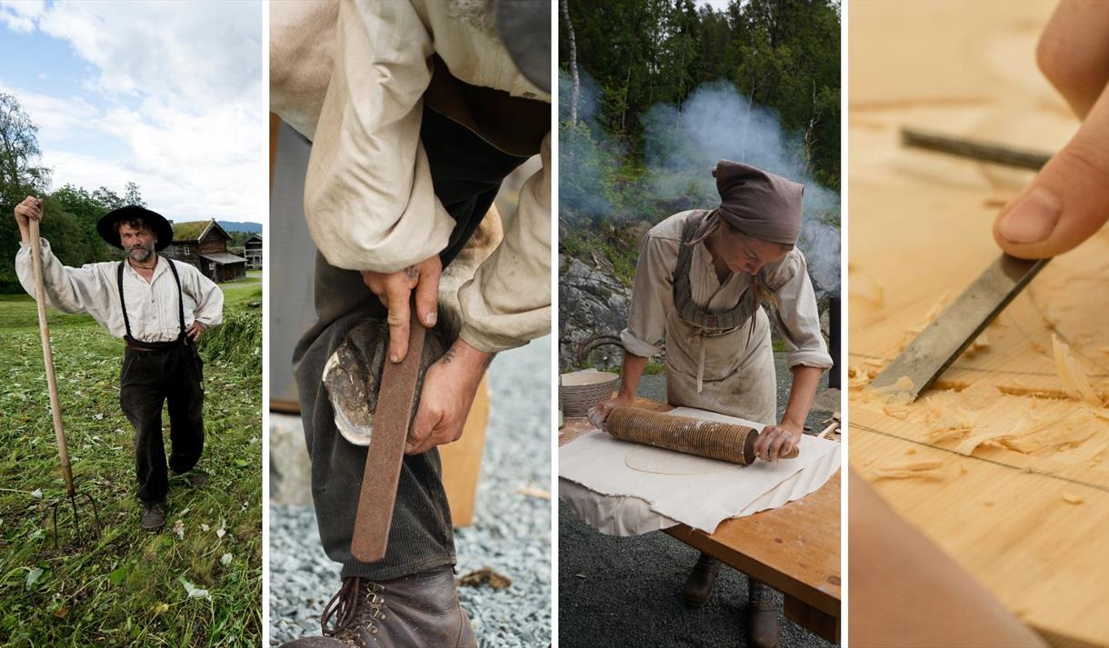 Åkerarbeid, skoing av hest, lefsebaking og karveskurd, Vest-Telemark museum Eidsborg.