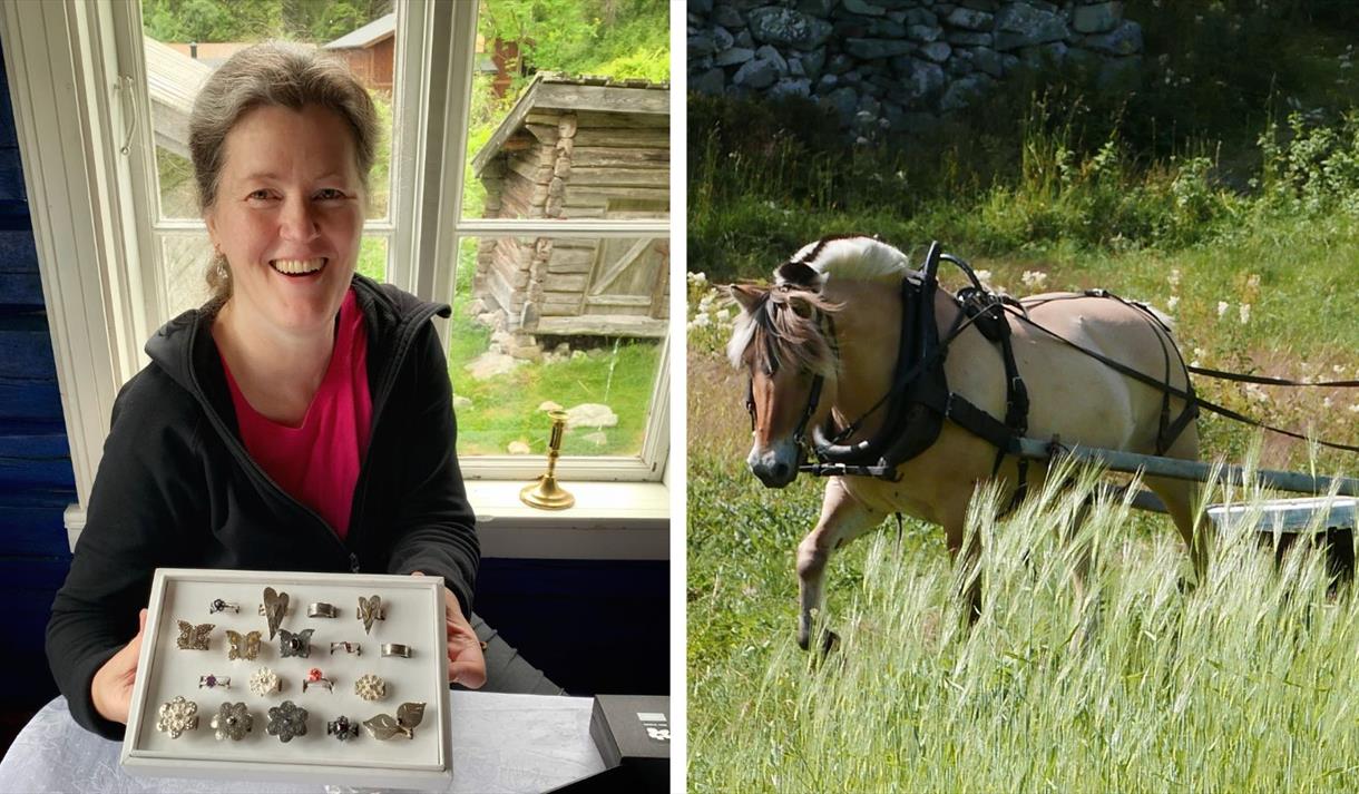Collage: Sylsmed Hilde Grandal og museumsbondens hest, Vest-Telemark museum Eidsborg.