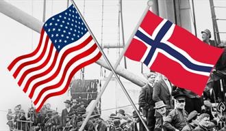 bilde av mennesker på en skip med norsk og amerikansk flag