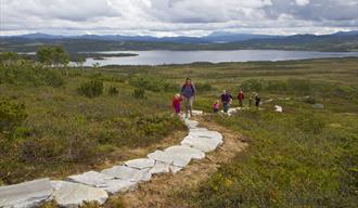 gruppe med voksne og barn som går på sherpastien