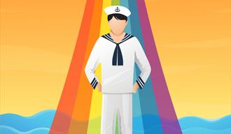 tegnet plakat med ung matros med organje og regnbuefarger bak