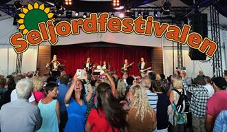 Velkommen til Seljordfestivalen. Plakat med mennesker foran en scene.