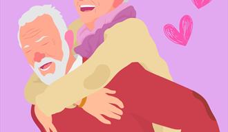 rosa plakat med mann med hvitt hår og skjegg med dame på ryggen