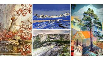 Collage fire kunstnarar, sommarutstillinga på Grimdalstunet 2025.