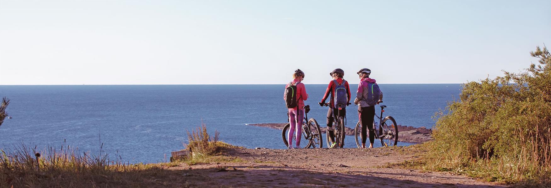 3 damer med sykler ser ut over sjøen