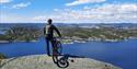 syklist som står på en svaberg og ser ut over Kragerøskjærgården
