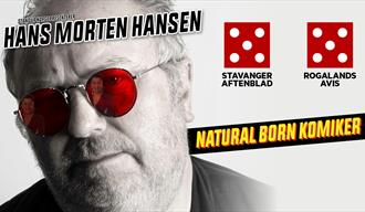 Plakat med Hans Morten Hansen med solbriller og terningkast-terninger