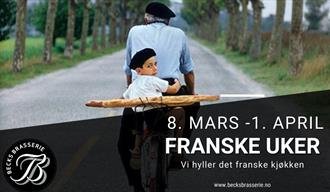 Plakat; Franske uker på Becks Brasserie. En mann og en liten gutt på sykkel