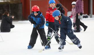 barn spiller ishokey på skøytebanen i Skien fritidspark